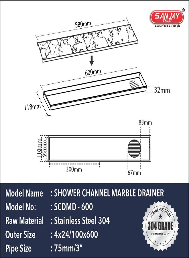 SANJAY CHILLY Stainless Steel Shower Channel Marble Drainer 304 Grade Bathroom GRATINGS 21MM Tile Insert Floor Drain Strainer with Cockroach Trap Anti Odor (Side Hole - 24x4 INCH) - Image 3